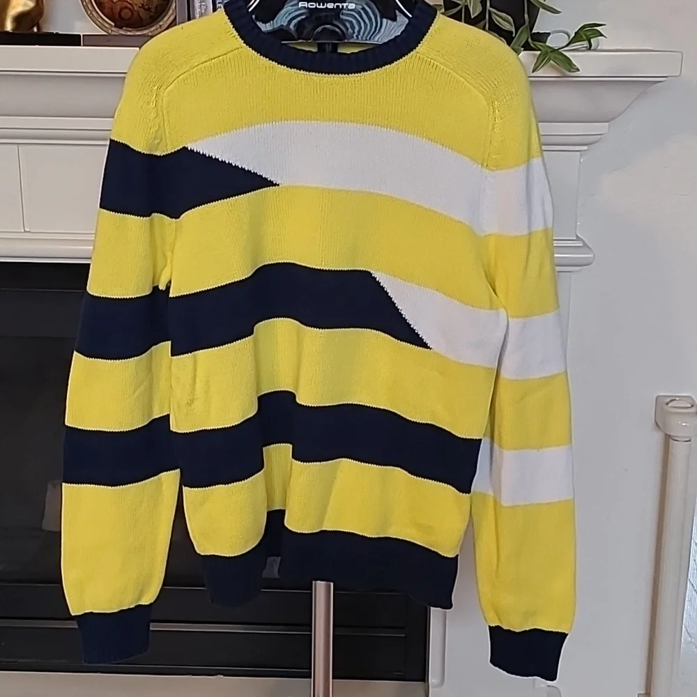 Land's End Mens Size Medium Drifter Sweater Navy Yellow White Preppy 100% Cotton